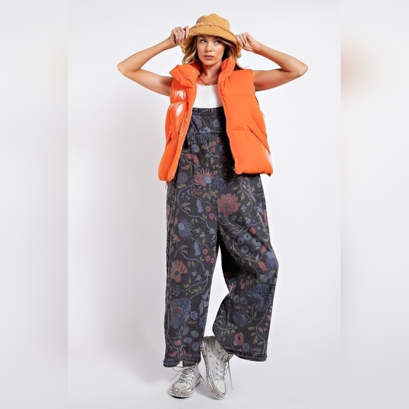 NWT Easel Black Denim Floral Boho Wide Leg Overall Jumpsuit - Picture 5 of 6